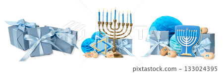 Set, Menorah, gifts, and dreidels in blue and gold, isolated, PNG Set, Menorah, gifts, and dreidels in blue and gold, isolated, PNG 133024395