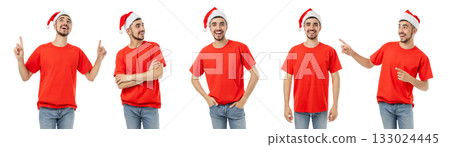 Set, Young man in Santa hat smiles and gestures, isolated, PNG 133024445
