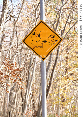 Photographing a landscape with road signs in Nanae Town, Hokkaido in late autumn Photographing a landscape with road signs in Nanae Town, Hokkaido in late autumn 133024449