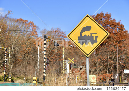 Photographing a landscape with road signs in Nanae Town, Hokkaido in late autumn 133024457
