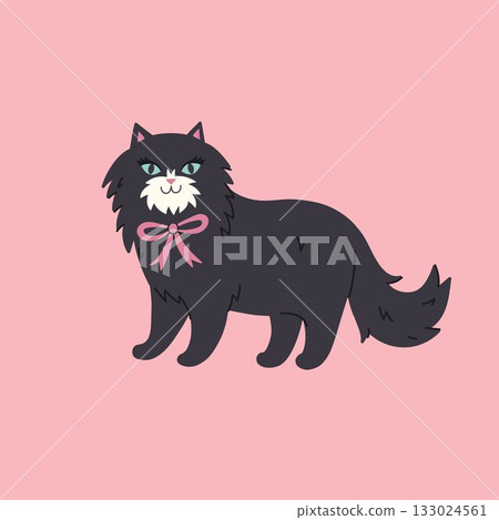 A cute black long-haired cat with a bow on its neck. Vector graphics. 133024561