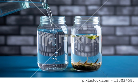 Water being poured into two jars one clean one dirty Water being poured into two jars one clean one dirty 133024593