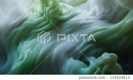 Abstract swirling green and white fluid forms with intricate textures 133024613