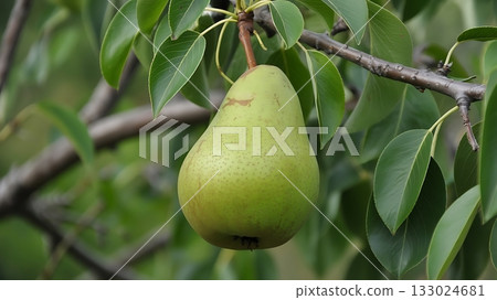 A single green pear hanging from a tree branch 133024681
