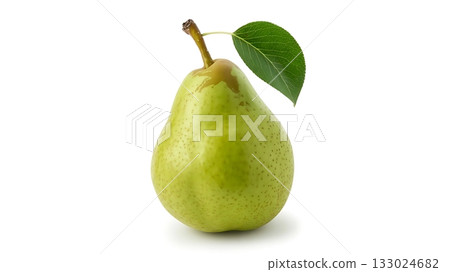 A single green pear with a leaf isolated on white background 133024682