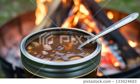 Campfire baked beans in a jar with a spoon 133024683