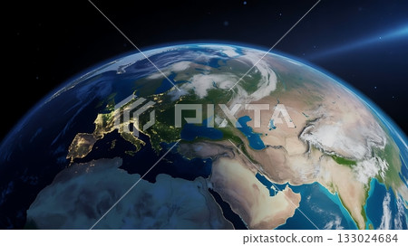 Earth from space showing europe and asia with city lights 133024684