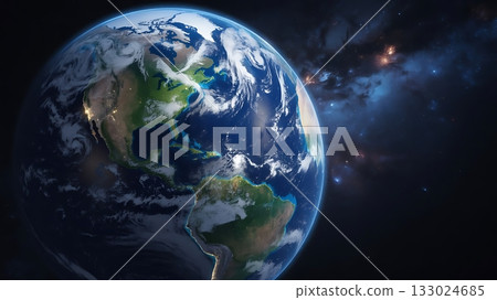 Earth seen from space with nebula in the background Earth seen from space with nebula in the background 133024685