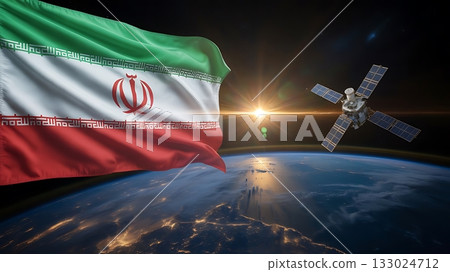 Iranian flag waves in space with satellite and earth below 133024712
