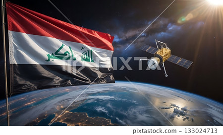 Iraq flag and satellite orbiting earth with sun flare 133024713