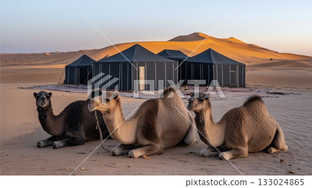 sunset over camel tents in desert landscape, camel tents illuminated by sunset in remote desert surroundings, tranquil scene showcasing camel tents under vibrant hues of sunset in vast desert 133024865
