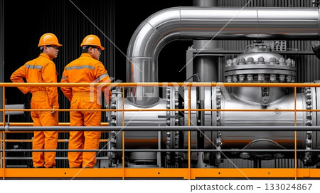 Two industrial engineers performing quality control and safety inspection at a modern power plant. Wearing orange protective jumpsuits and hard hats 133024867