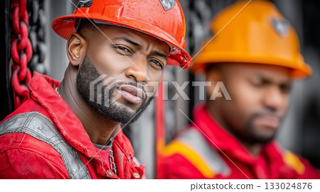 Confident african american man construction worker wearing safety hard hat and uniform, looking at camera while working on site with a colleague in background Confident african american man construction worker wearing safety hard hat and uniform, looking at camera while working on site with a colleague in background 133024876
