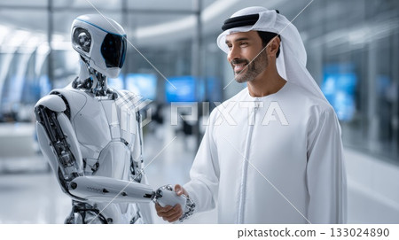 Arab businessman shaking hands with a robot, symbolizing advanced technology integration, artificial intelligence partnership, and future business collaboration in the Middle East Arab businessman shaking hands with a robot, symbolizing advanced technology integration, artificial intelligence partnership, and future business collaboration in the Middle East 133024890