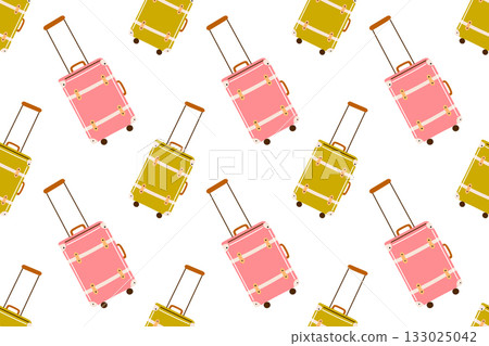 Vector illustration pattern with vintage travel suitcases and luggage on wheels. Flat cartoon design with retro bags, tourism accessories, vacation and adventure theme for travel collection Vector illustration pattern with vintage travel suitcases and luggage on wheels. Flat cartoon design with retro bags, tourism accessories, vacation and adventure theme for travel collection 133025042