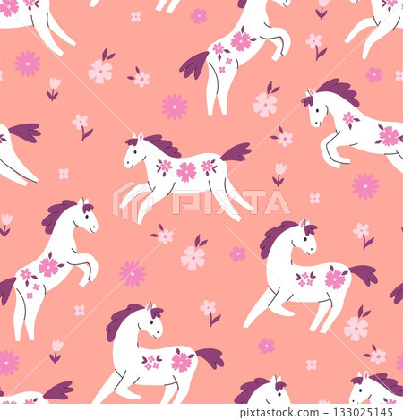 Seamless pattern with white horses and flowers. Vector graphics. 133025145