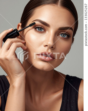A stunning woman with blue eyes applying black mascara to her upper eyelashes with a wand brush. Cosmetics and makeup concept. A stunning woman with blue eyes applying black mascara to her upper eyelashes with a wand brush. Cosmetics and makeup concept. 133025267