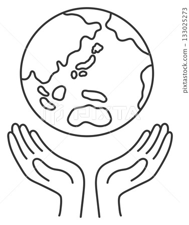 Hand holding the globe, black line drawing 133025273