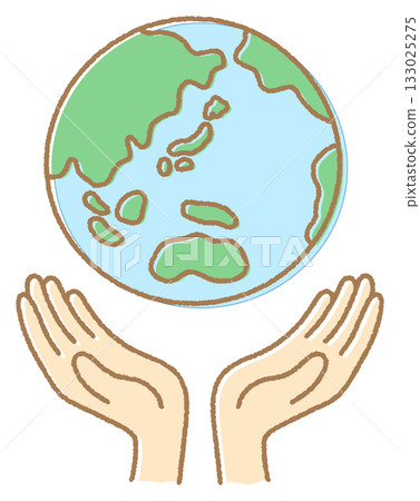 一手握著地球的插圖，棕色線條 133025275