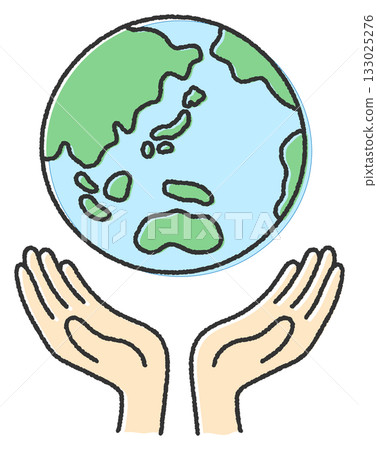 Illustration of a hand holding the globe, black strokes Illustration of a hand holding the globe, black strokes 133025276