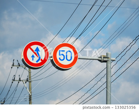 Road signs for "Maximum speed" and "No overtaking on the right side" Road signs for "Maximum speed" and "No overtaking on the right side" 133025356