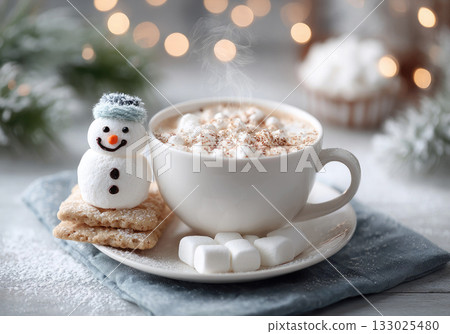 A cute edible snowman made of sweet white marshmallows with a cup of hot cocoa on a napkin with Christmas decor. A backdrop for cafes and restaurants with a Christmas and New Year's atmosphere. 133025480