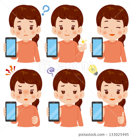 Woman showing smartphone screen Upper body illustration set 133025495