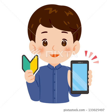 A male smartphone beginner showing the screen, upper body illustration 133025497