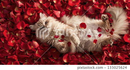 white cat on red rose petals white cat on red rose petals 133025624