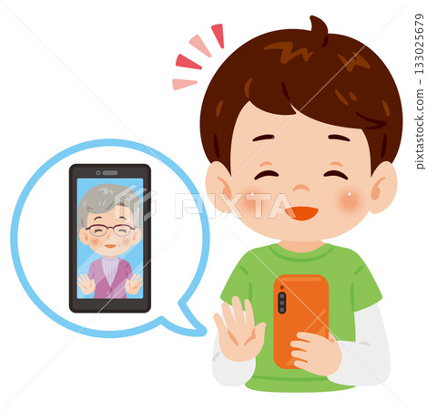 Boy making a video call on a smartphone Upper body illustration 133025679