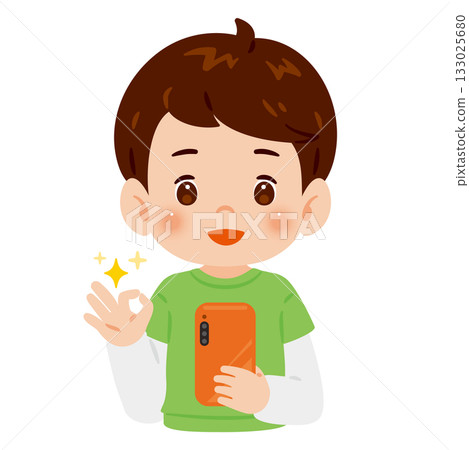 Boy holding a smartphone and making an OK pose Upper body illustration 133025680