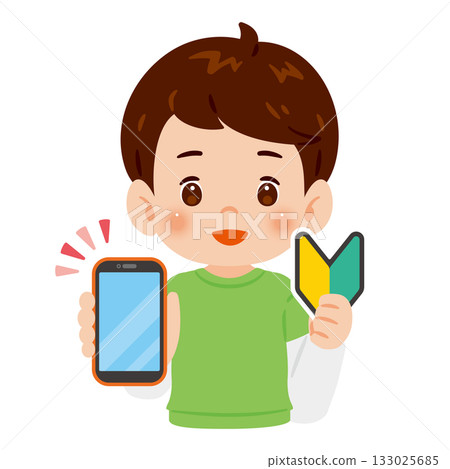 A boy who is new to smartphones and shows the screen. Upper body illustration A boy who is new to smartphones and shows the screen. Upper body illustration 133025685