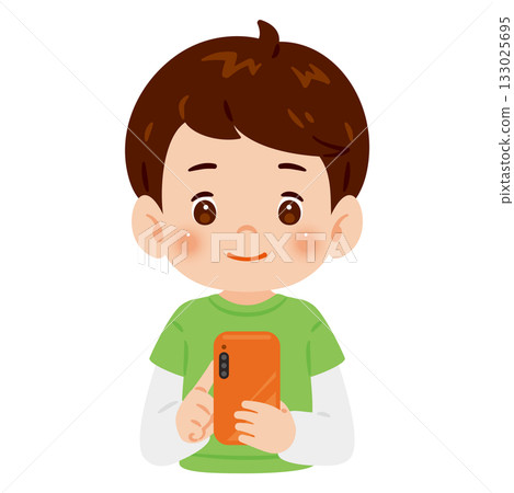 男孩操作智慧型手機上半身插圖 男孩操作智慧型手機上半身插圖 133025695