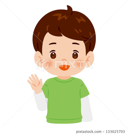 男孩舉起一隻手打招呼(上半身插圖) 男孩舉起一隻手打招呼(上半身插圖) 133025703
