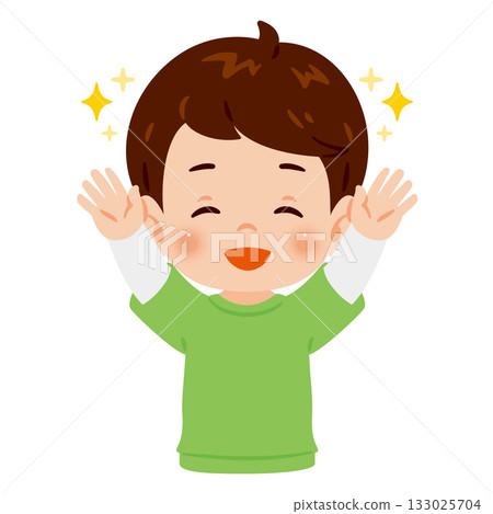 Smiling boy raising both hands in a cheer, upper body illustration Smiling boy raising both hands in a cheer, upper body illustration 133025704