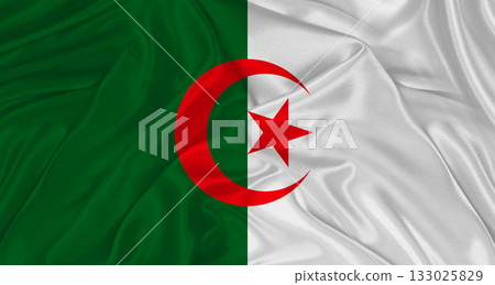 Flag of Algeria with cloth texture Close up of Algeria flag waving 133025829