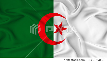 Realistic Algerian flag waving. Close up of flag of Algeria with cloth texture Realistic Algerian flag waving. Close up of flag of Algeria with cloth texture 133025830