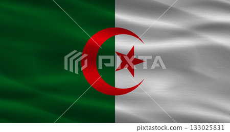 Algeria flag with fabric texture; Realistic flag of Algeria waving Algeria flag with fabric texture; Realistic flag of Algeria waving 133025831