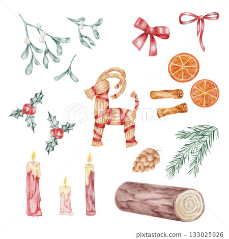 Collection of watercolor clipart featuring Yule goat, candles, mistletoe, pine, ribbon, and oranges, all hand drawn. Perfect for Christmas cards, stickers, labels, and festive compositions. Collection of watercolor clipart featuring Yule goat, candles, mistletoe, pine, ribbon, and oranges, all hand drawn. Perfect for Christmas cards, stickers, labels, and festive compositions. 133025926