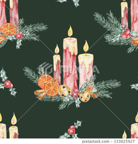 Dark green pattern with watercolor advent candles, oranges, and holly, hand drawn. Suitable for holiday packaging, textile design, gift wrap, or Christmas decor elements. Dark green pattern with watercolor advent candles, oranges, and holly, hand drawn. Suitable for holiday packaging, textile design, gift wrap, or Christmas decor elements. 133025927