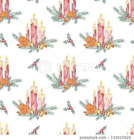 Watercolor seamless pattern with advent candles and pine branches, hand drawn. Designed for use in holiday gift wrap, fabric design, winter labels, or festive stationery. Watercolor seamless pattern with advent candles and pine branches, hand drawn. Designed for use in holiday gift wrap, fabric design, winter labels, or festive stationery. 133025928