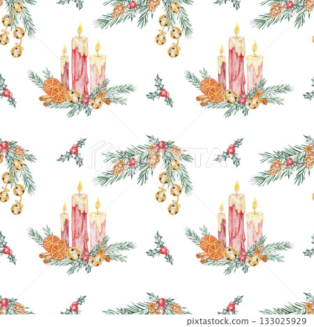 Watercolor clipart pattern showing candles, pine branches, and golden bells, hand drawn. Ideal for Christmas wrapping paper, textile design, invitations, or festive packaging. Watercolor clipart pattern showing candles, pine branches, and golden bells, hand drawn. Ideal for Christmas wrapping paper, textile design, invitations, or festive packaging. 133025929