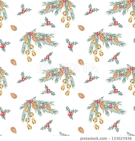 Seamless pattern with pine sprigs, bells, and cones painted in delicate tones, hand drawn watercolor illustration perfect for Christmas packaging, digital papers, and card design. 133025936