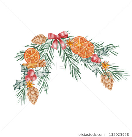 Dried oranges, pinecones, and holly tied with a bow in detailed watercolor illustration for use in Christmas cards, festive stationery, wrapping paper, and home decor printable artwork. Dried oranges, pinecones, and holly tied with a bow in detailed watercolor illustration for use in Christmas cards, festive stationery, wrapping paper, and home decor printable artwork. 133025938