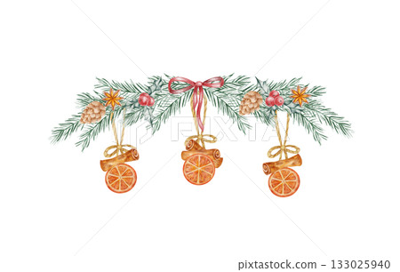 Hanging oranges and bows among pine sprigs in hand drawn watercolor illustration perfect for festive borders, product labels, gift wrapping, and rustic Christmas card or poster design. 133025940