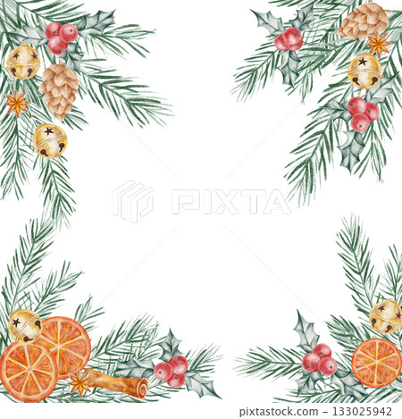 Green pine branches, dried oranges, and golden bells forming a festive frame, hand drawn watercolor illustration ideal for borders, greeting cards, printable decor, and Christmas stationery. 133025942