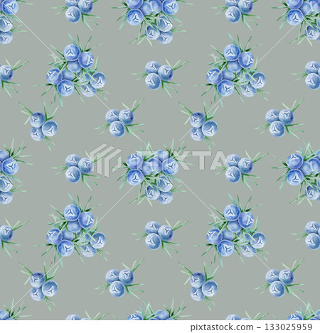 Scattered juniper berry groups in blue with green spiky leaves painted as hand drawn watercolor illustration on soft gray background. Perfect for wrapping paper, eco packaging, textiles and decor. 133025959