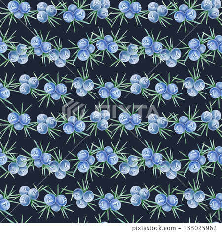 Dark background with repeating blue juniper berry clusters and green foliage in this hand drawn watercolor illustration seamless design. Excellent for fabric prints, gift wraps and eco packaging. Dark background with repeating blue juniper berry clusters and green foliage in this hand drawn watercolor illustration seamless design. Excellent for fabric prints, gift wraps and eco packaging. 133025962