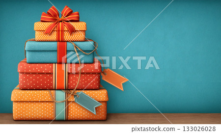 Festive gift boxes stacked against a vibrant background, creating a cheerful celebration Festive gift boxes stacked against a vibrant background, creating a cheerful celebration 133026028
