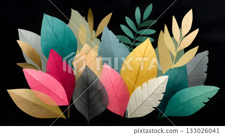 A Colorful Assortment of Varied Leaves Set Against a Dark Background, Offering Vibrancy 133026041